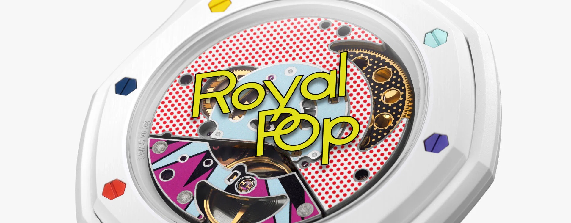 Swatch Royal Pop Huit Blanc open caseback with reconstructed hand-wound Sistem51 movement and pop-art Royal Pop motif
